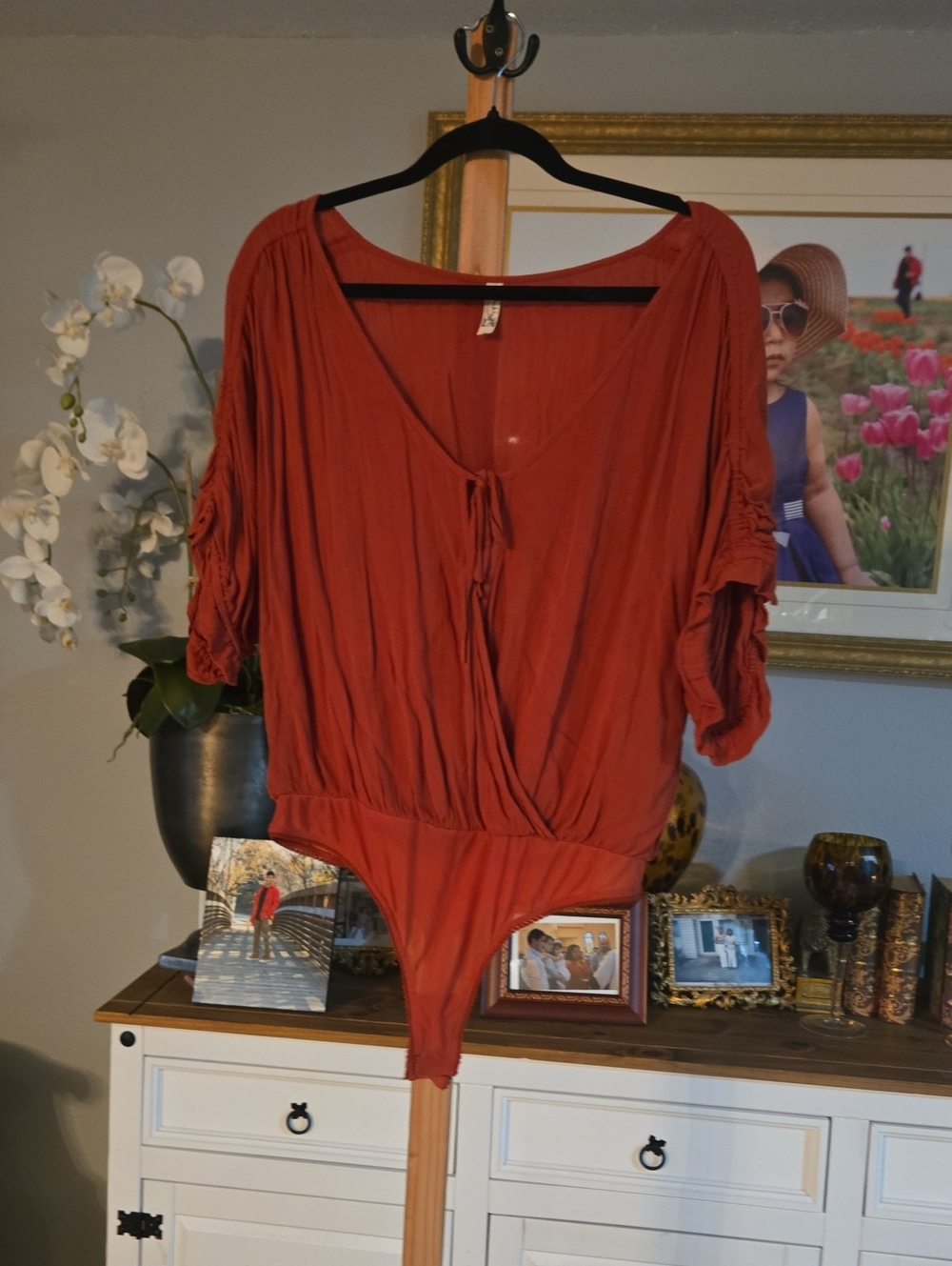 Free People Rust Red Surplice Tie-Front Bodysuit